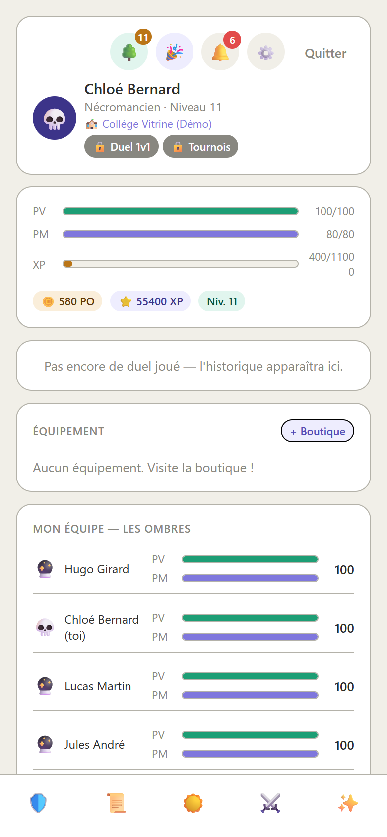 Écran élève : profil du héros
