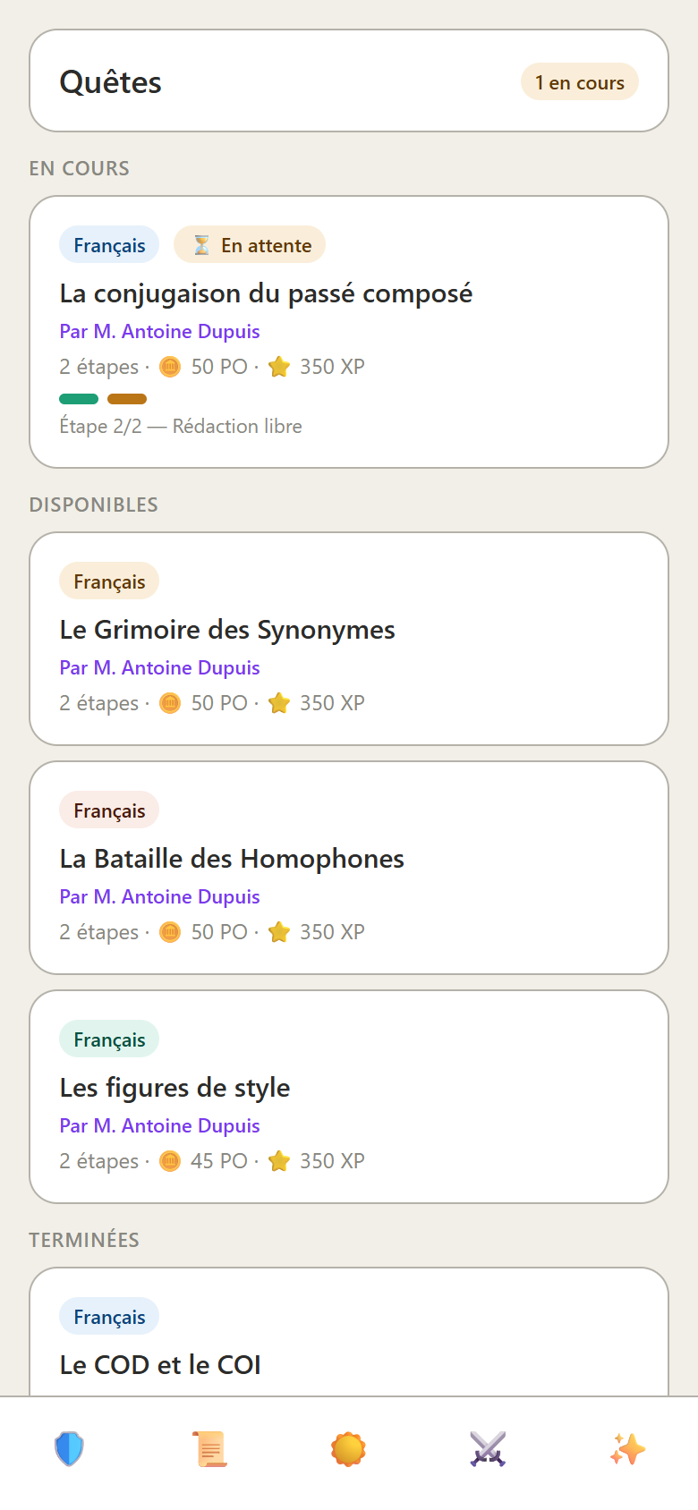 Écran élève : les quêtes