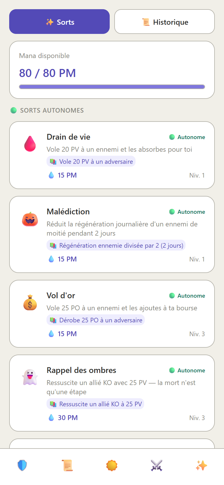 Écran élève : les sorts