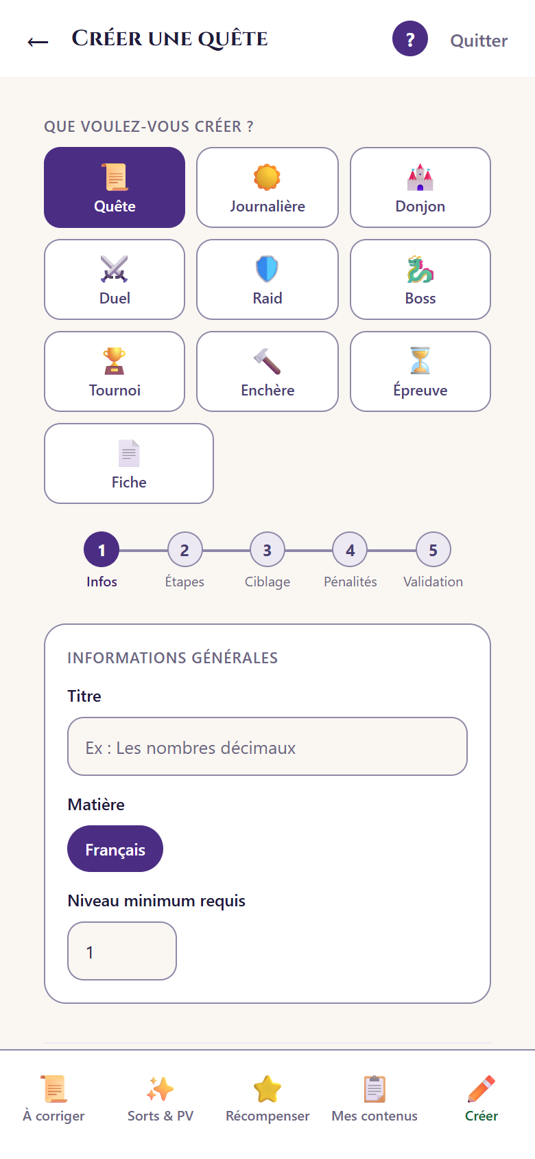 Écran enseignant : créer une quête, un donjon, un duel, un boss, une épreuve ou une fiche