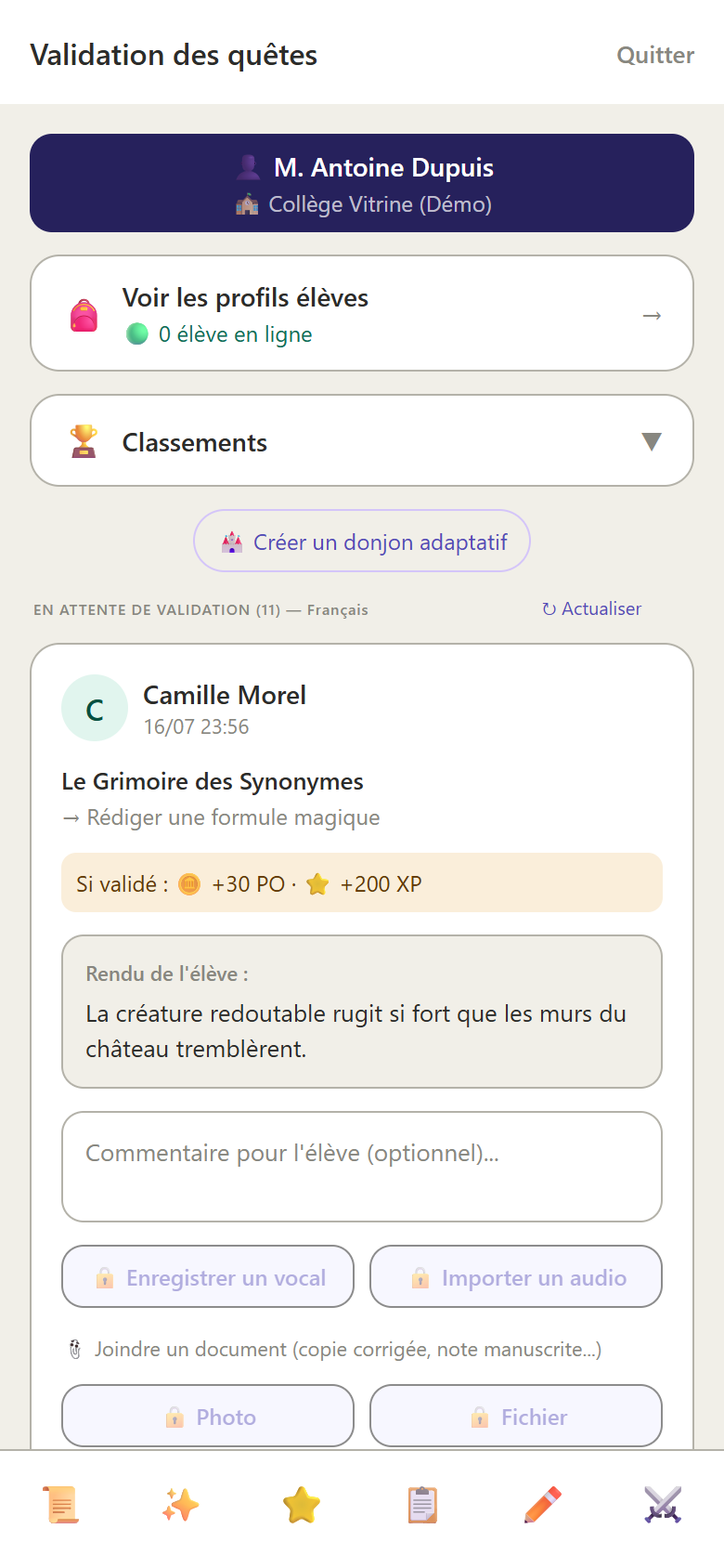 Écran enseignant : validation des quêtes
